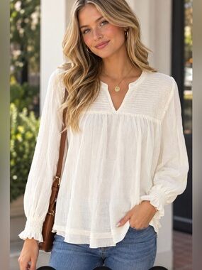 Primark Cream Smocked Yoke Long Sleeve Blouse